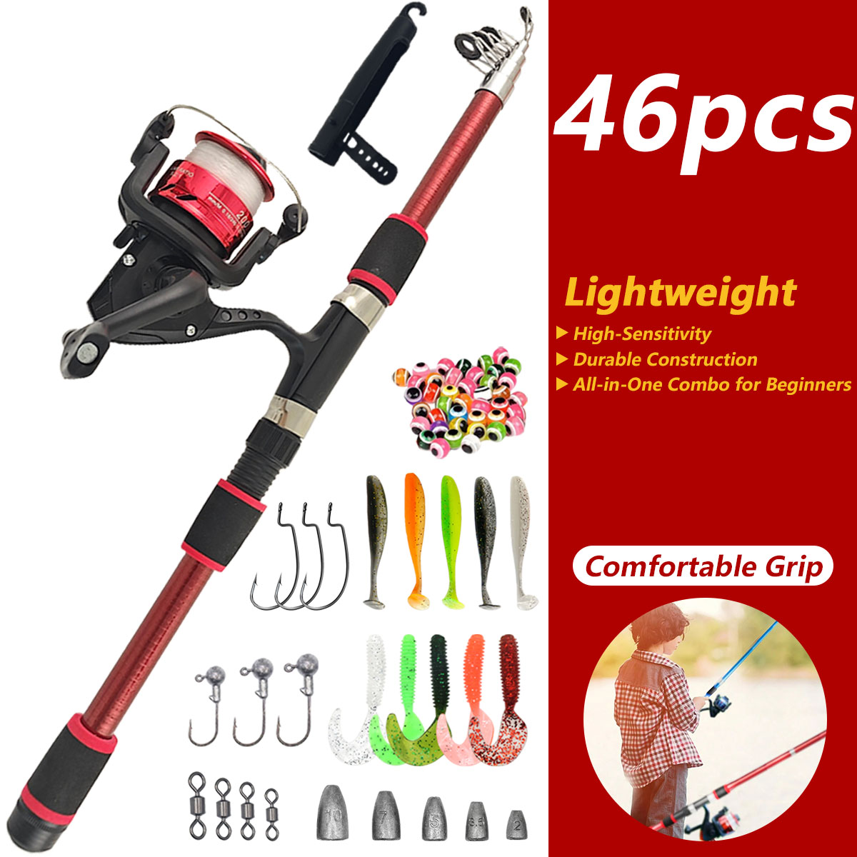Fishing Rod Combo - 46피스 텔레스코픽 낚싯대 릴 콤보, 초보자